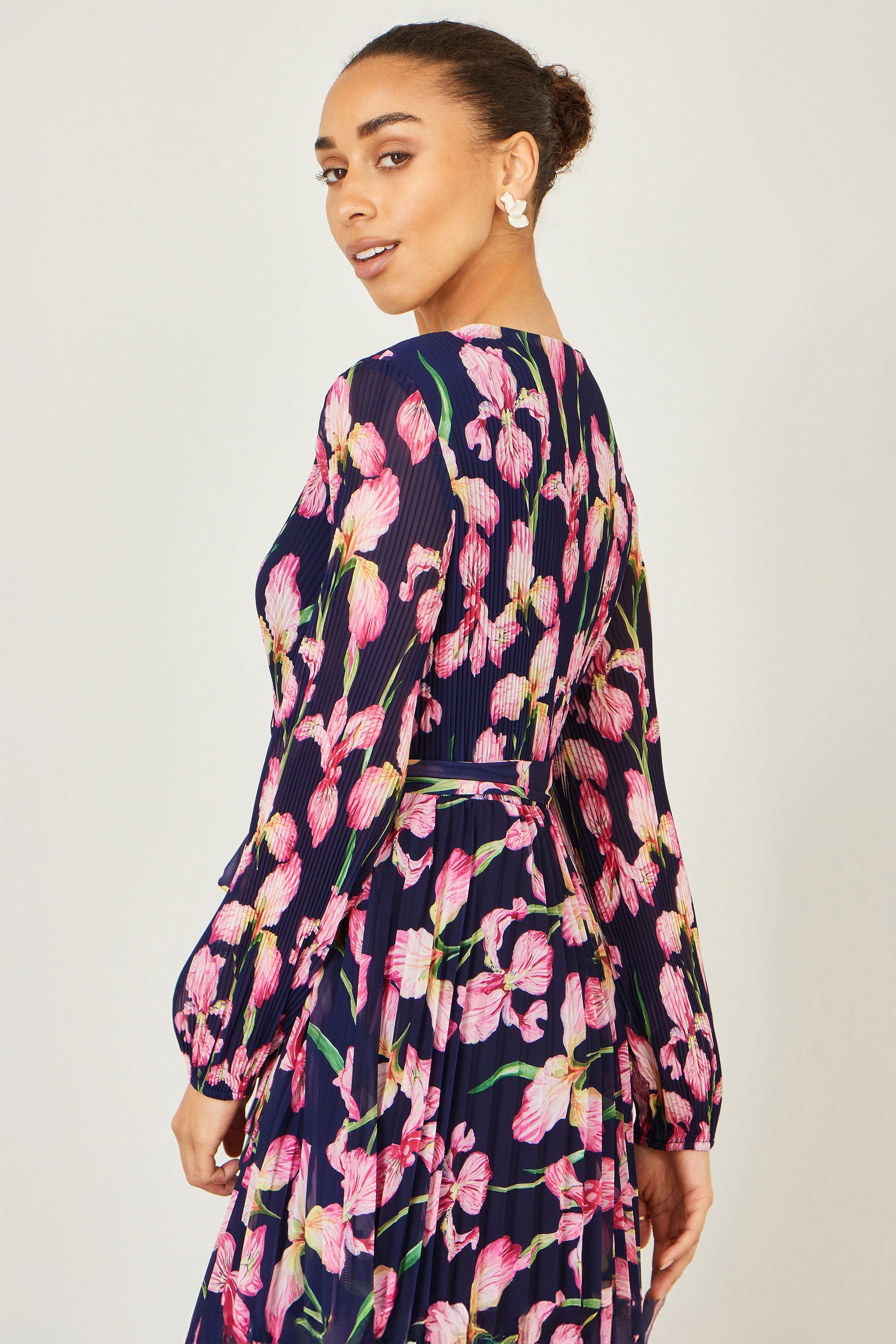 Yumi Navy Orchid Floral Pleated Wrap Maxi Dress - QHA UK