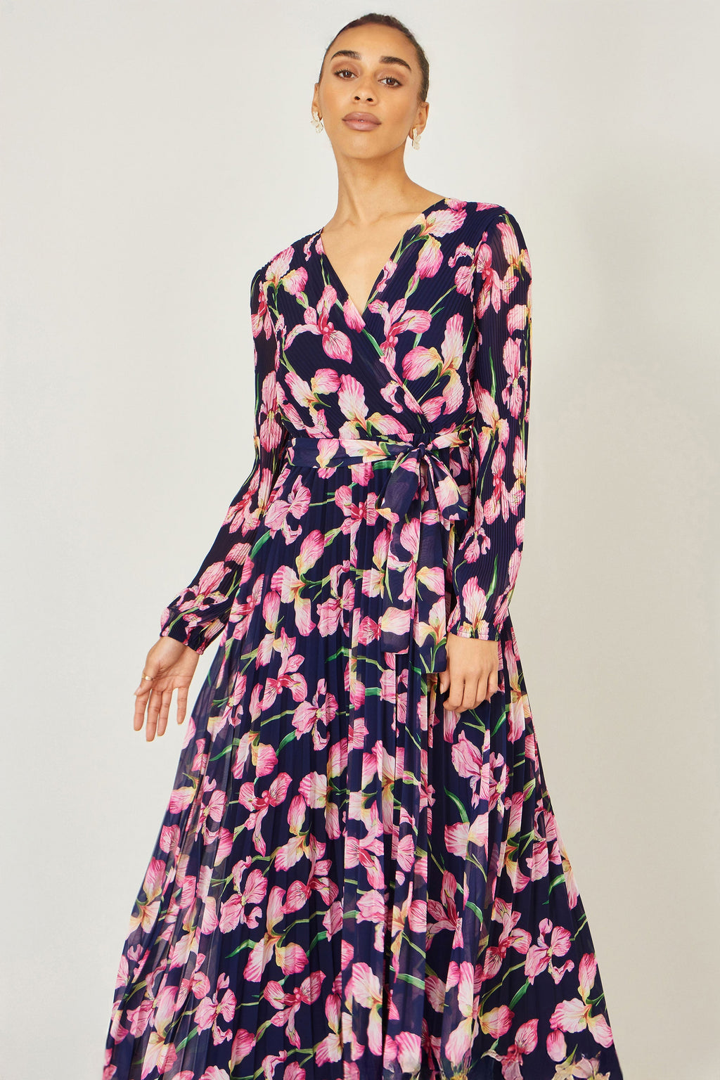 Yumi Navy Orchid Floral Pleated Wrap Maxi Dress - QHA UK