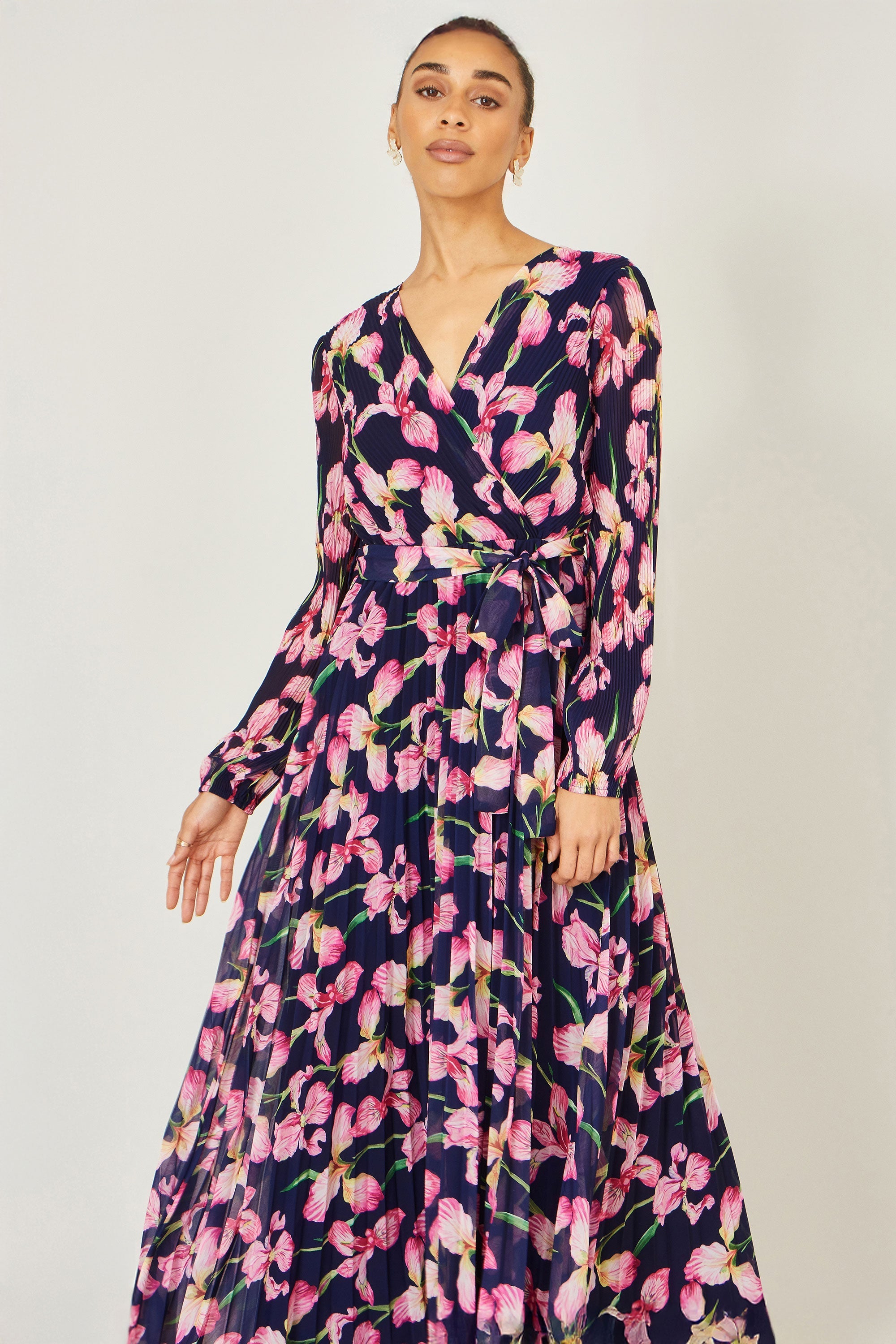 Yumi Navy Orchid Floral Pleated Wrap Maxi Dress - QHA UK