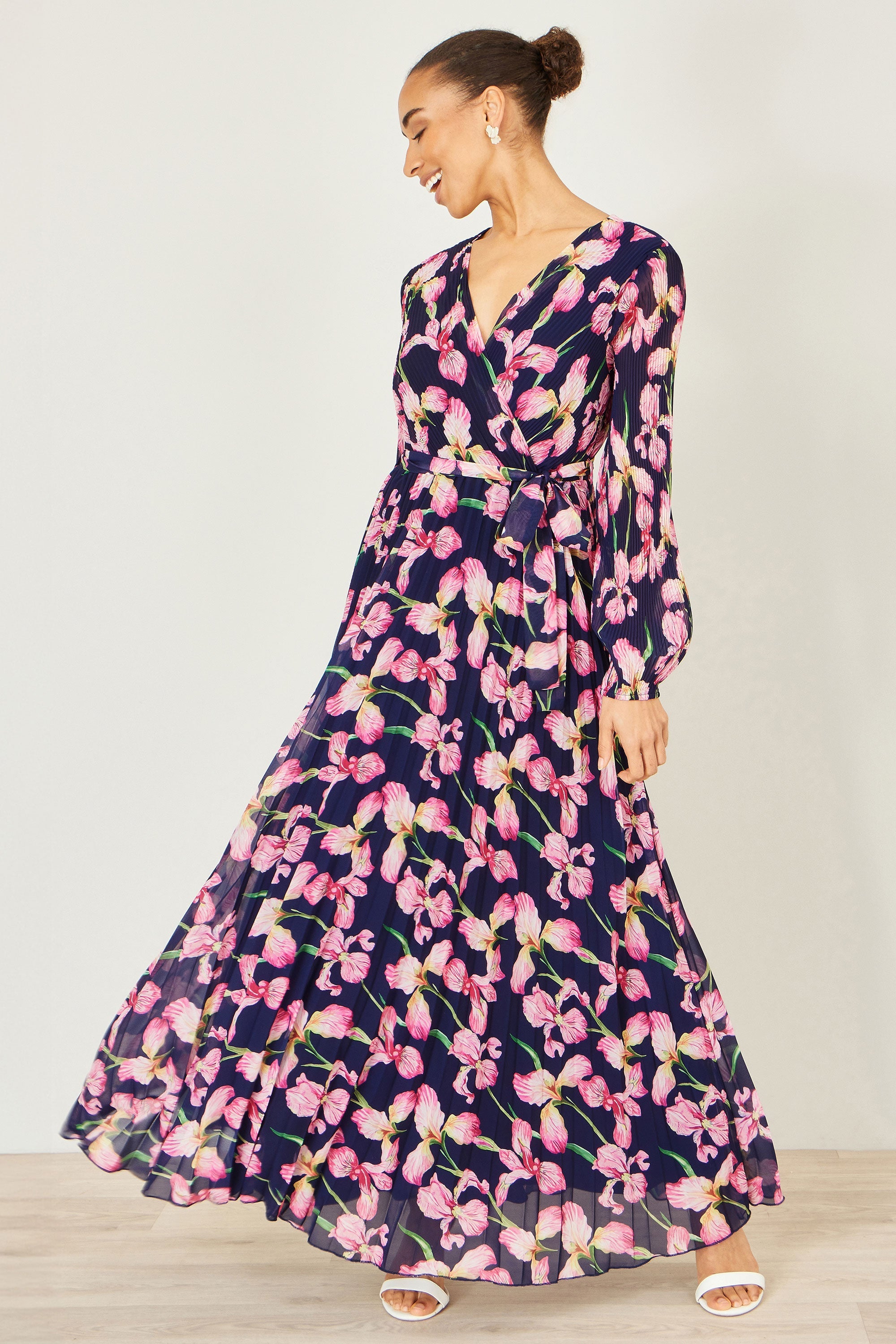 Yumi Navy Orchid Floral Pleated Wrap Maxi Dress - QHA UK