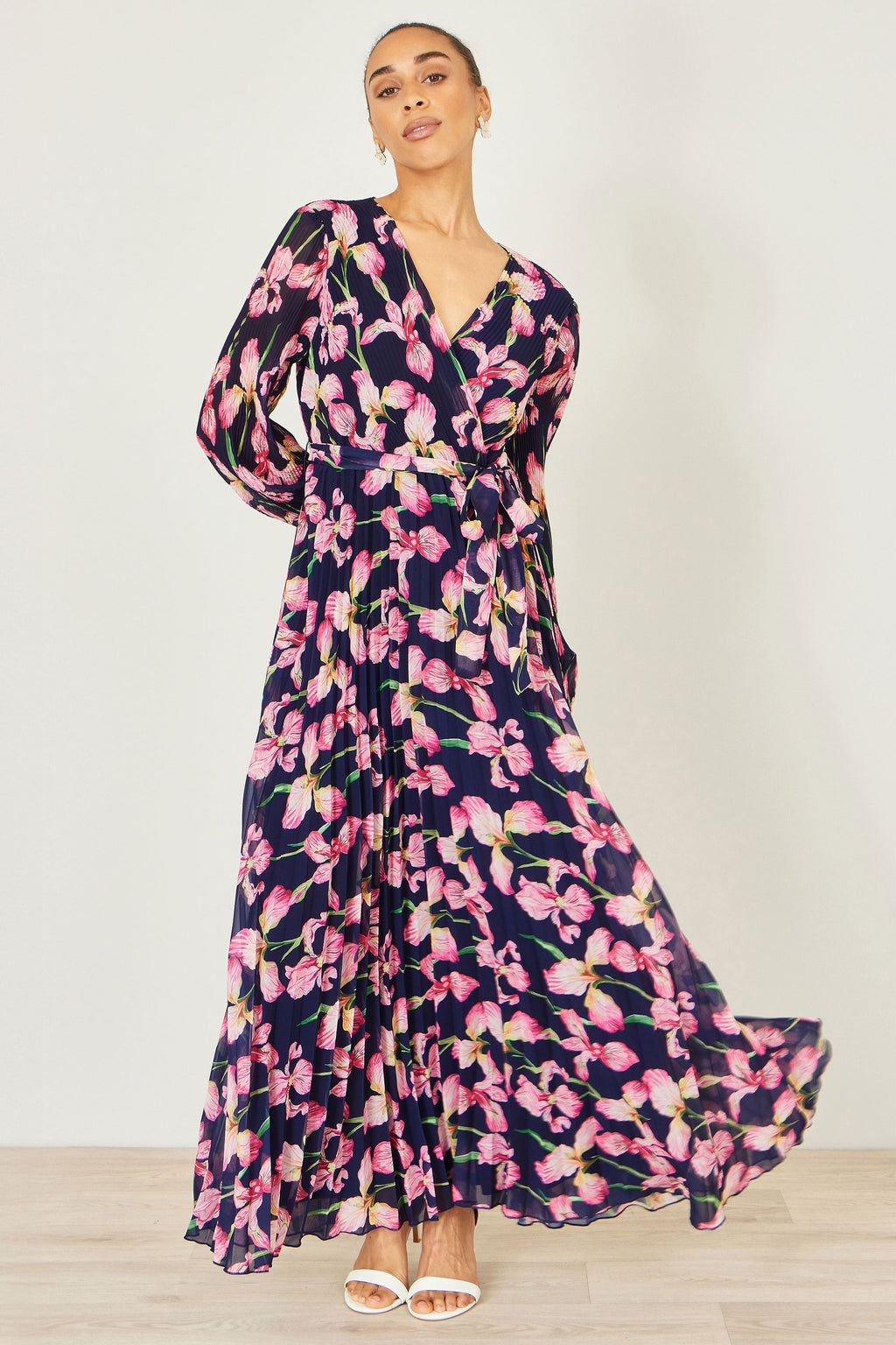 Yumi Navy Orchid Floral Pleated Wrap Maxi Dress - QHA UK