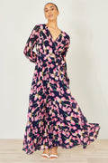Yumi Navy Orchid Floral Pleated Wrap Maxi Dress - QHA UK