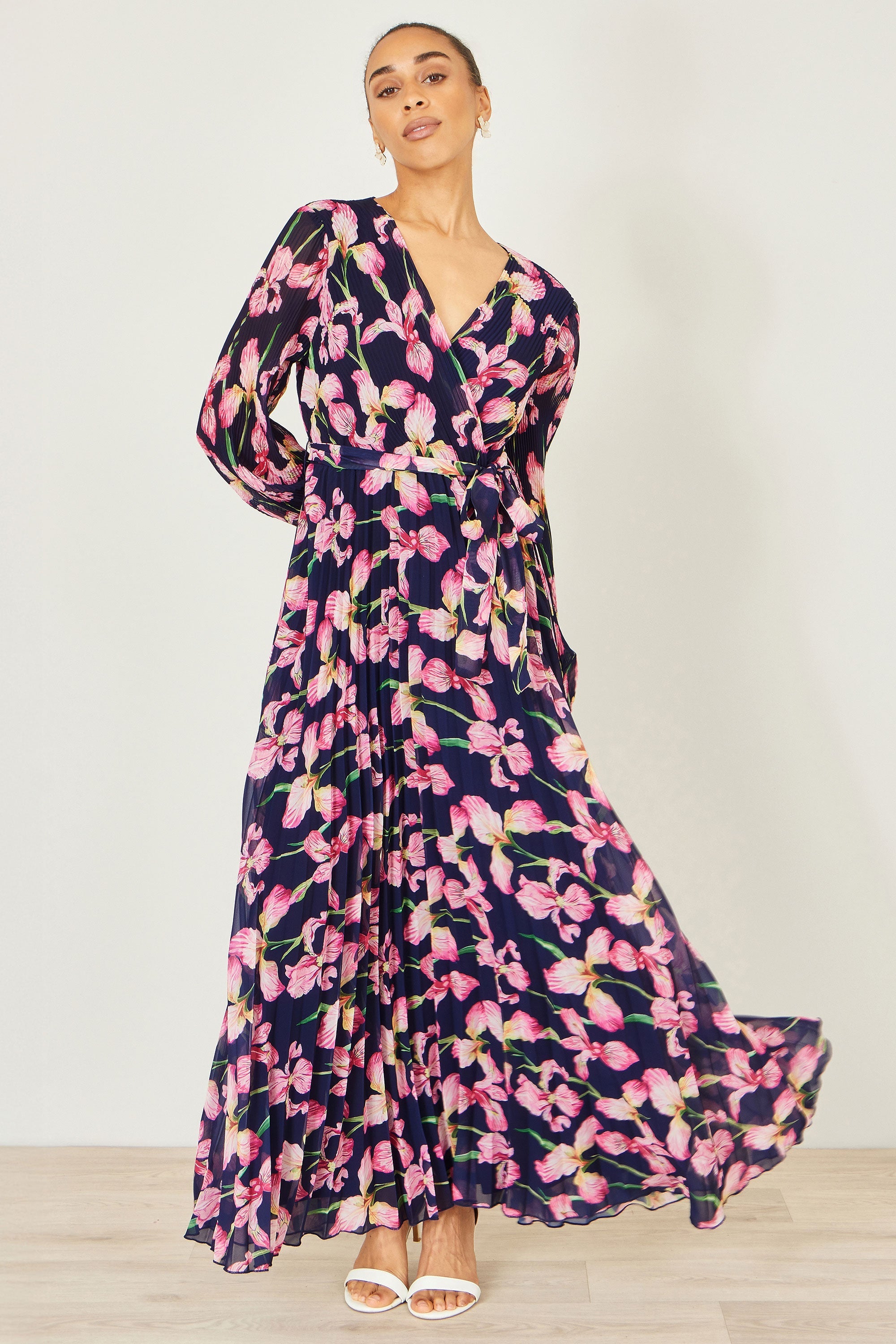 Yumi Navy Orchid Floral Pleated Wrap Maxi Dress - QHA UK