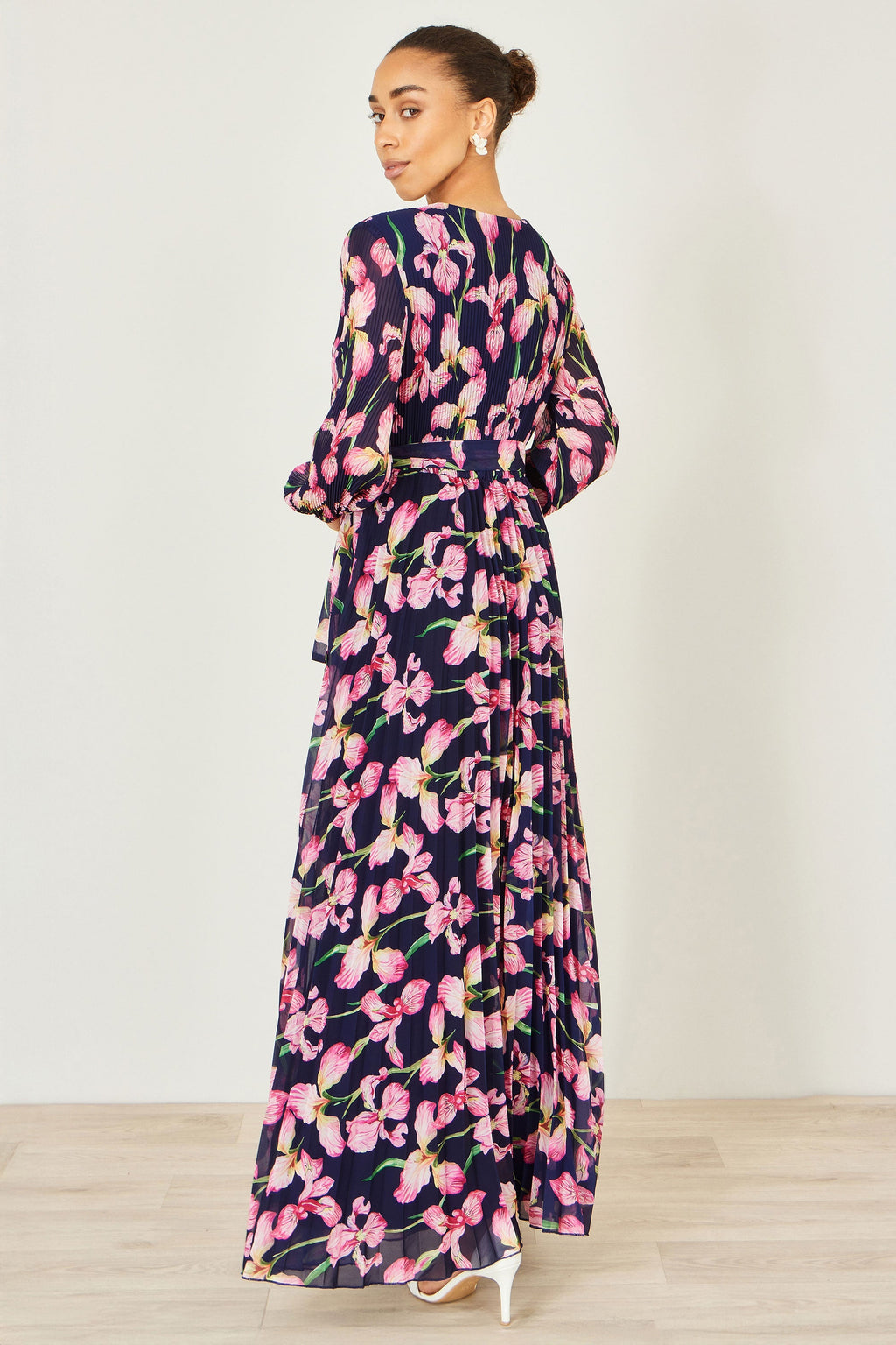 Yumi Navy Orchid Floral Pleated Wrap Maxi Dress - QHA UK