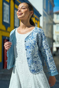 Yumi Blue Boho Floral Print Cropped Reversible Cotton Quilted Jacket - QHA UK