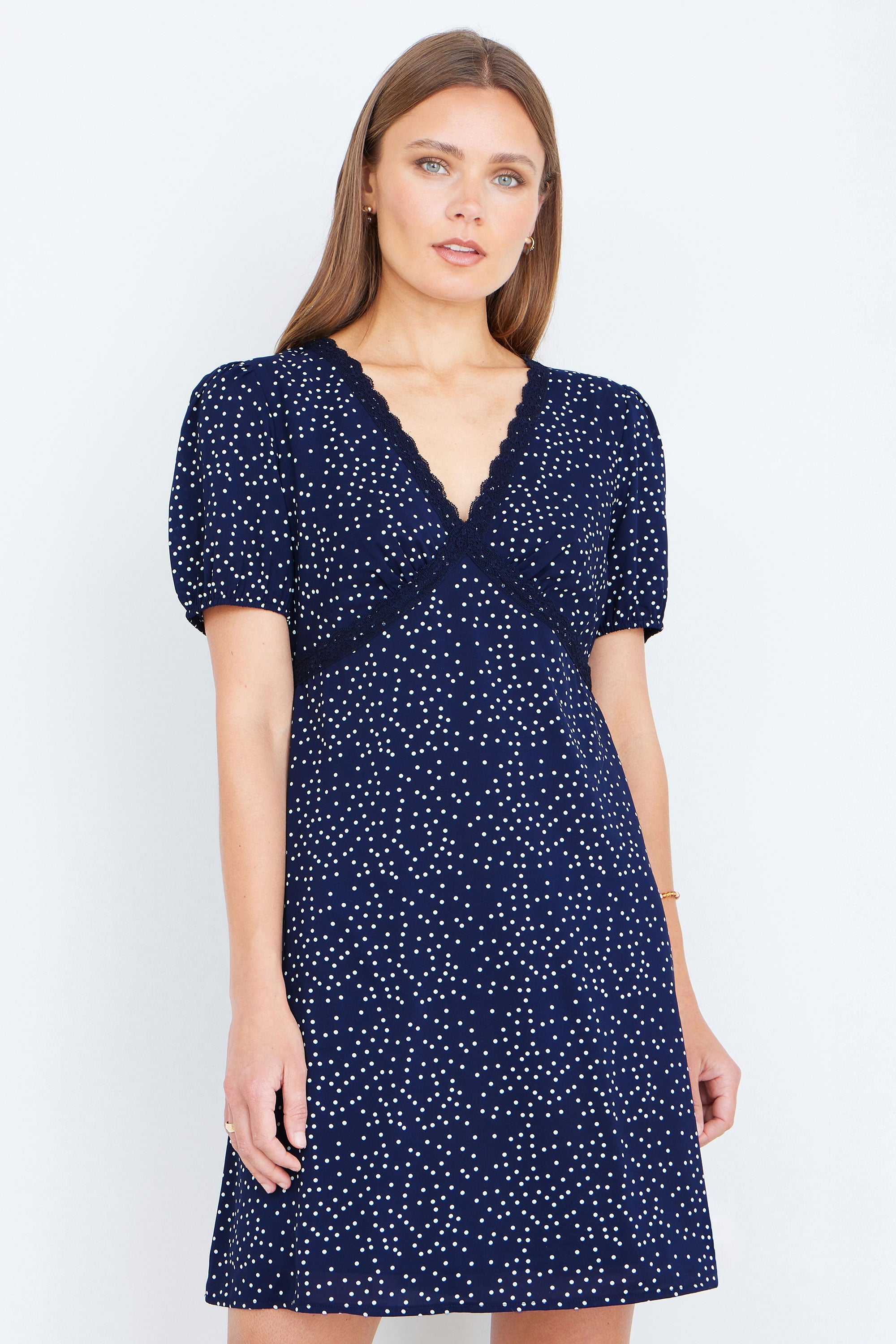 Yumi Navy Spot Print Lace Trim Skater Dress - QHA UK