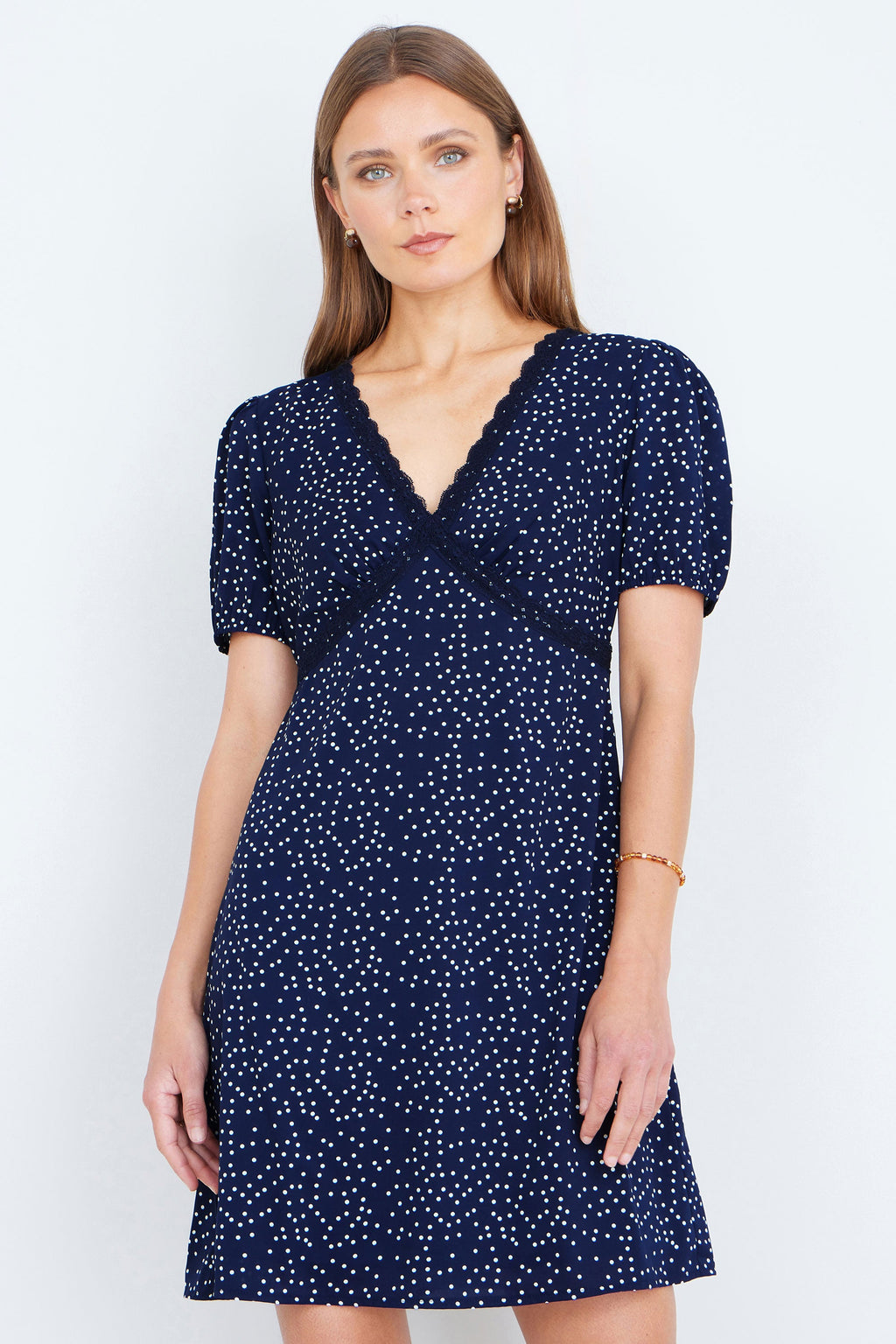 Yumi Navy Spot Print Lace Trim Skater Dress - QHA UK