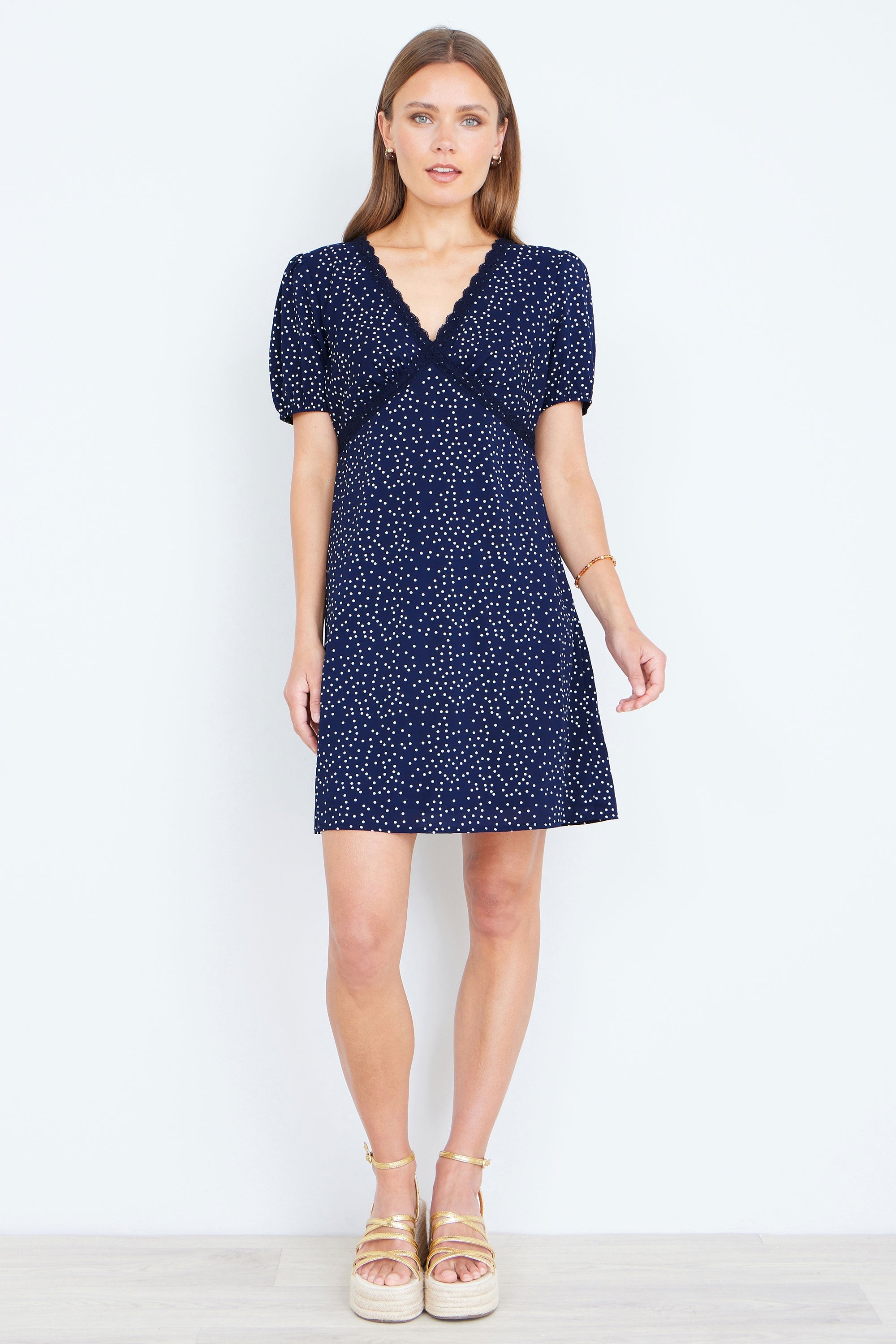 Yumi Navy Spot Print Lace Trim Skater Dress - QHA UK