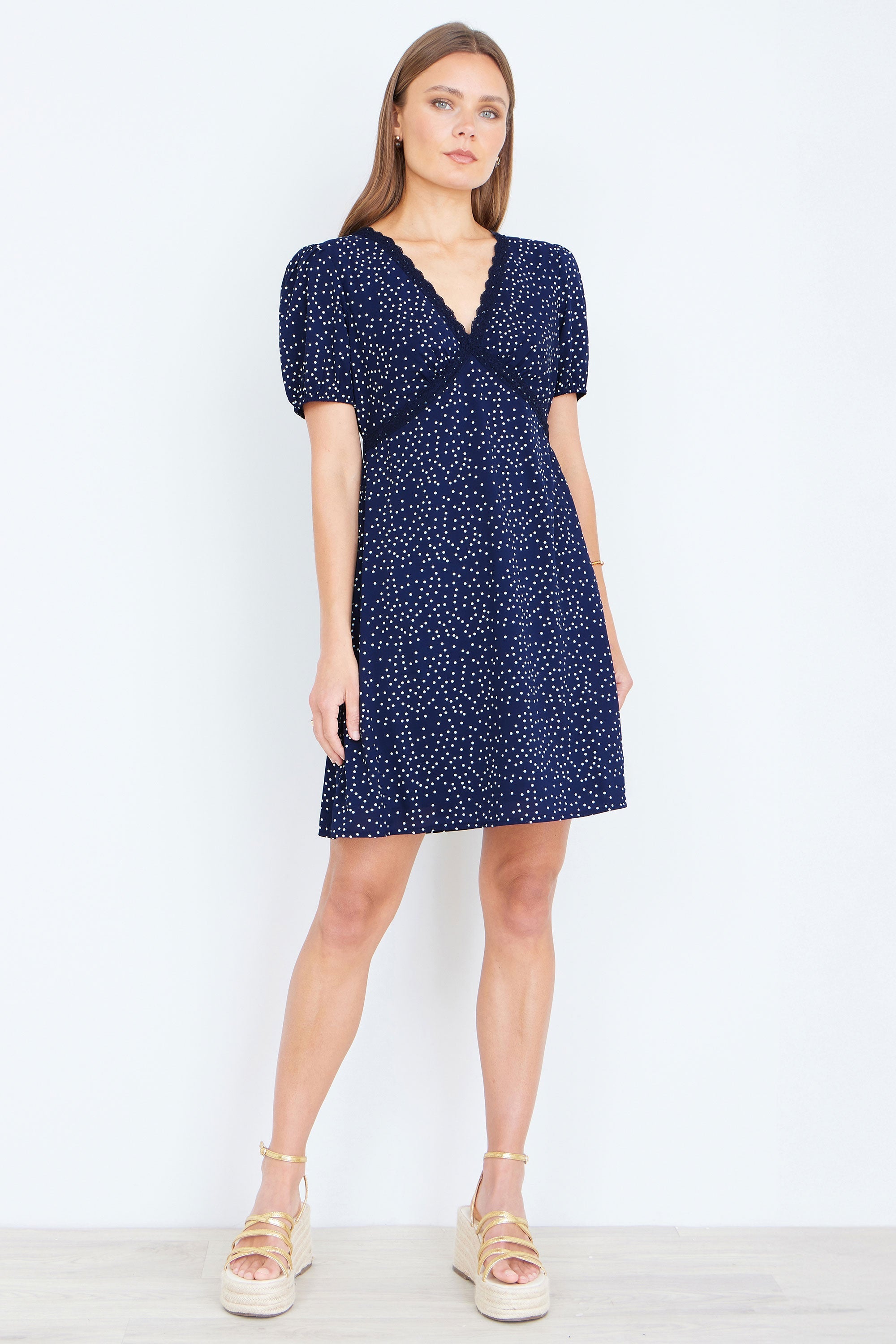 Yumi Navy Spot Print Lace Trim Skater Dress - QHA UK