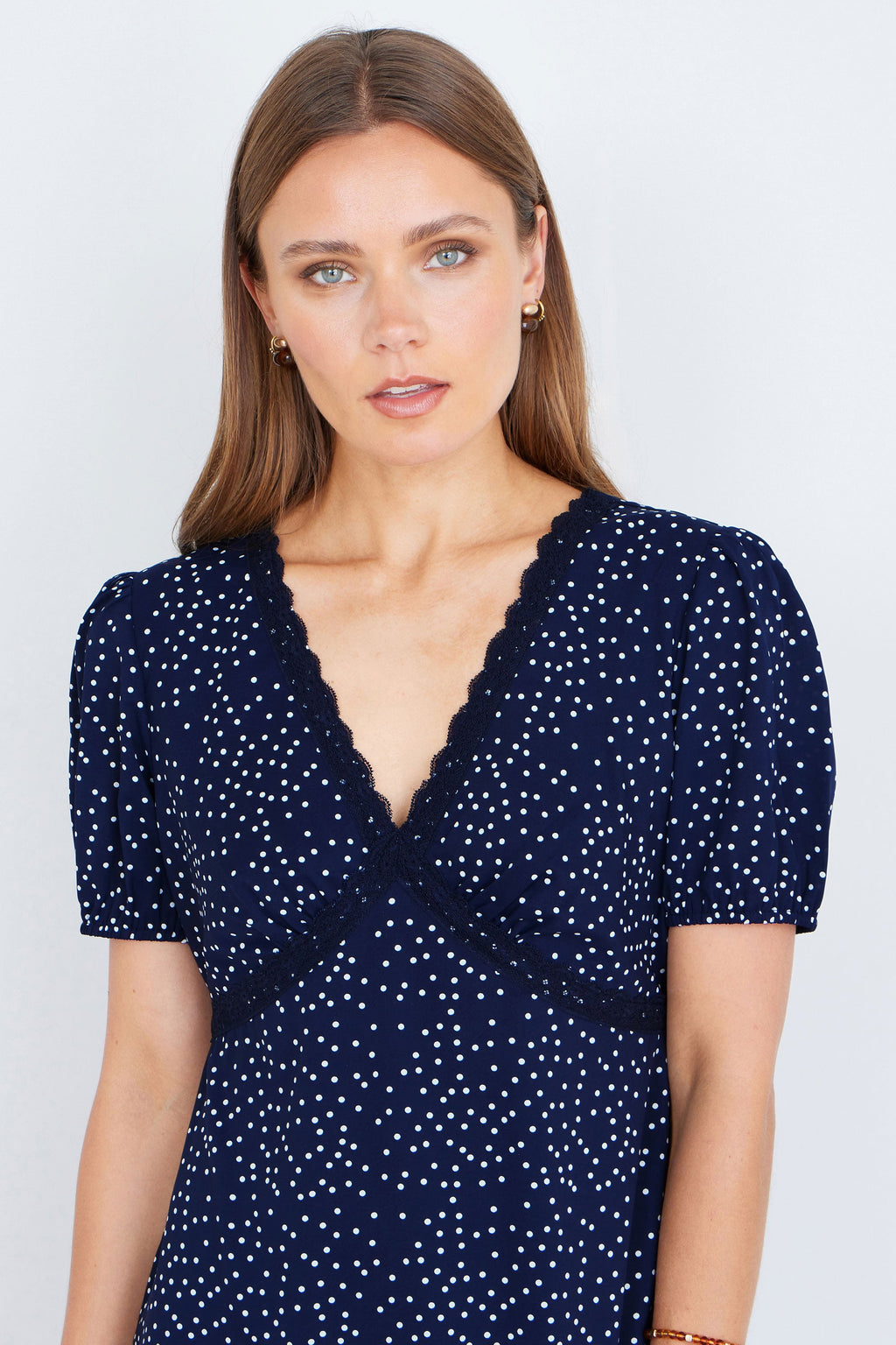 Yumi Navy Spot Print Lace Trim Skater Dress - QHA UK