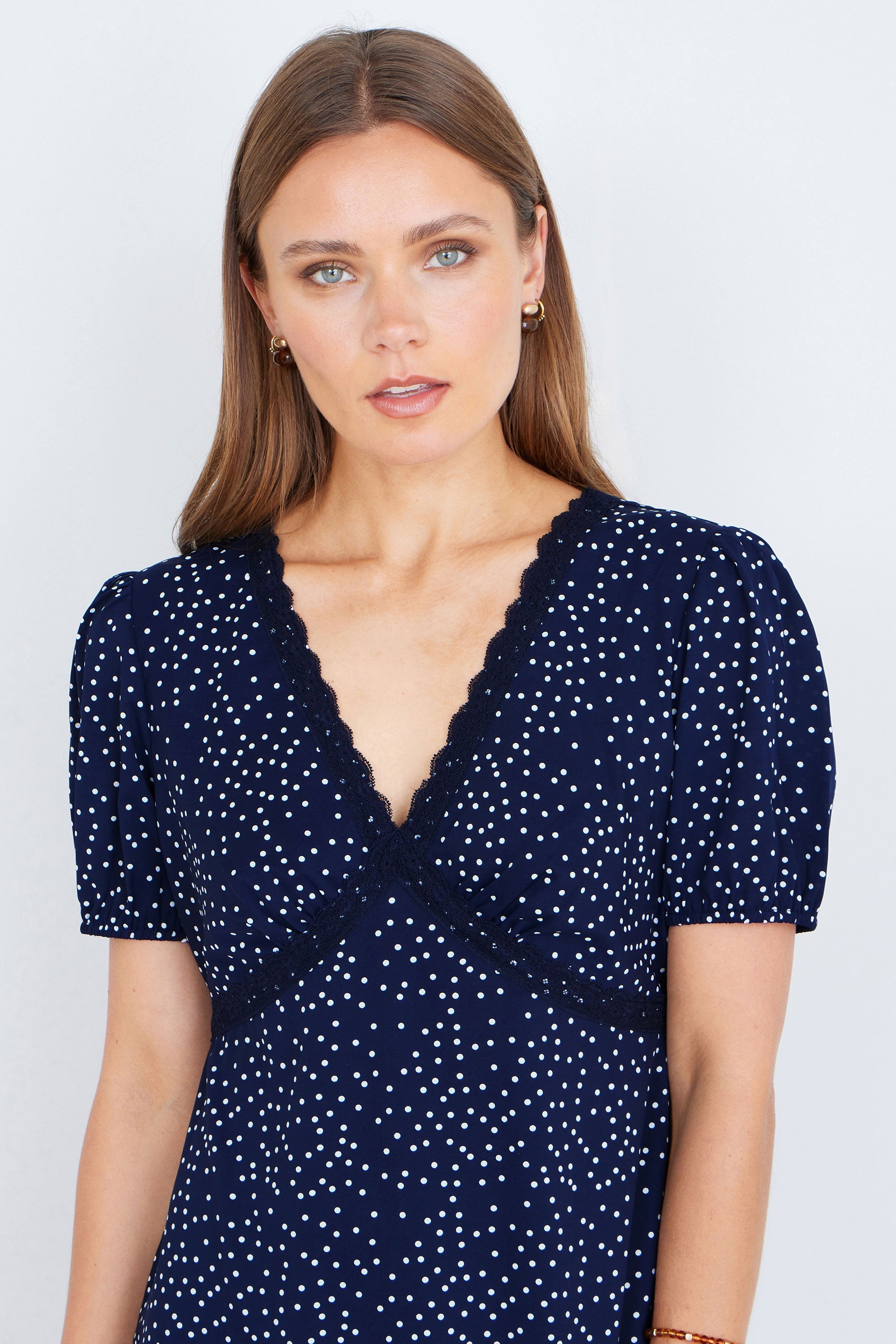 Yumi Navy Spot Print Lace Trim Skater Dress - QHA UK