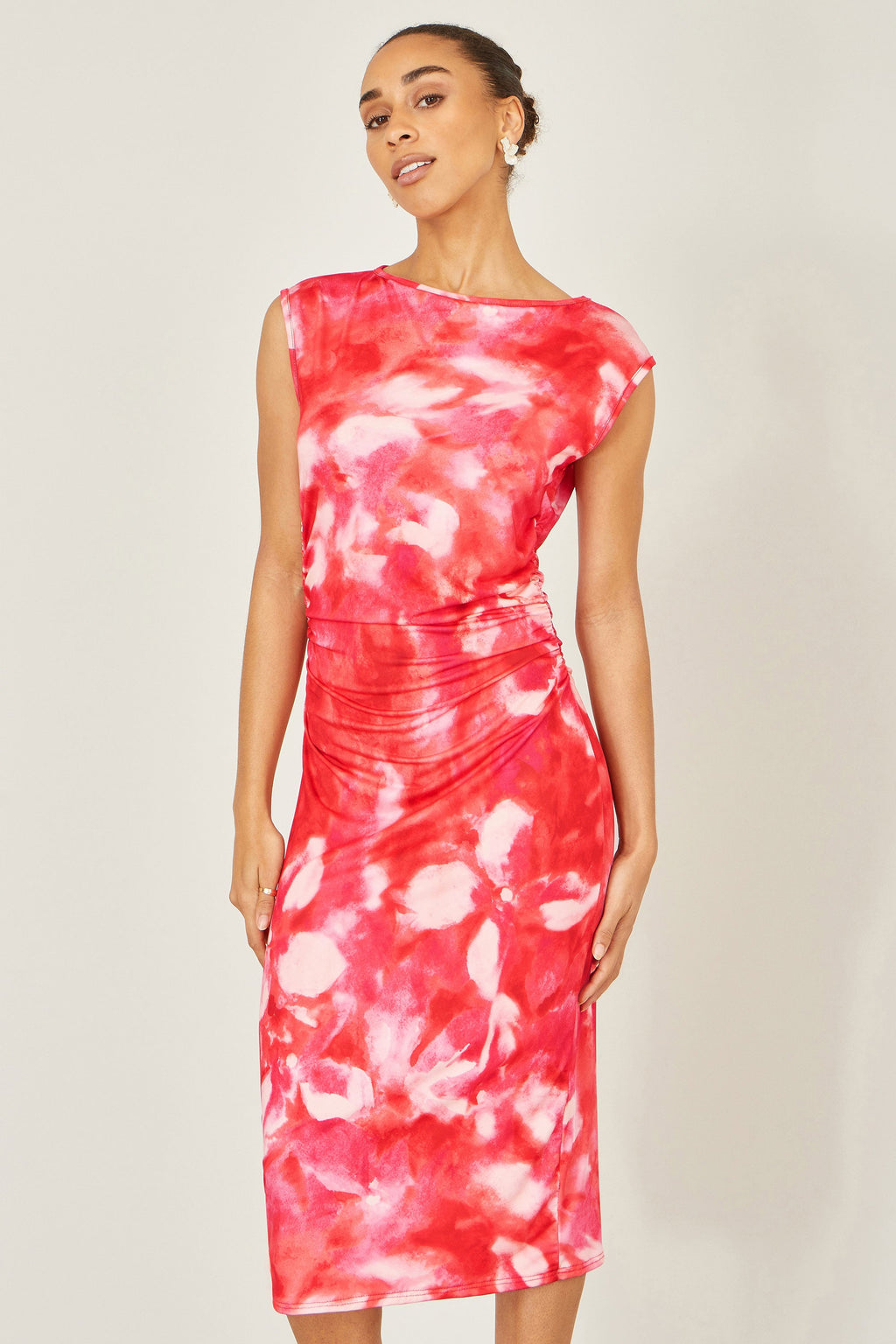 Yumi Red  Mesh Ruched Bodycon Midi Dress