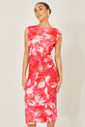 Yumi Red  Mesh Ruched Bodycon Midi Dress - QHA UK