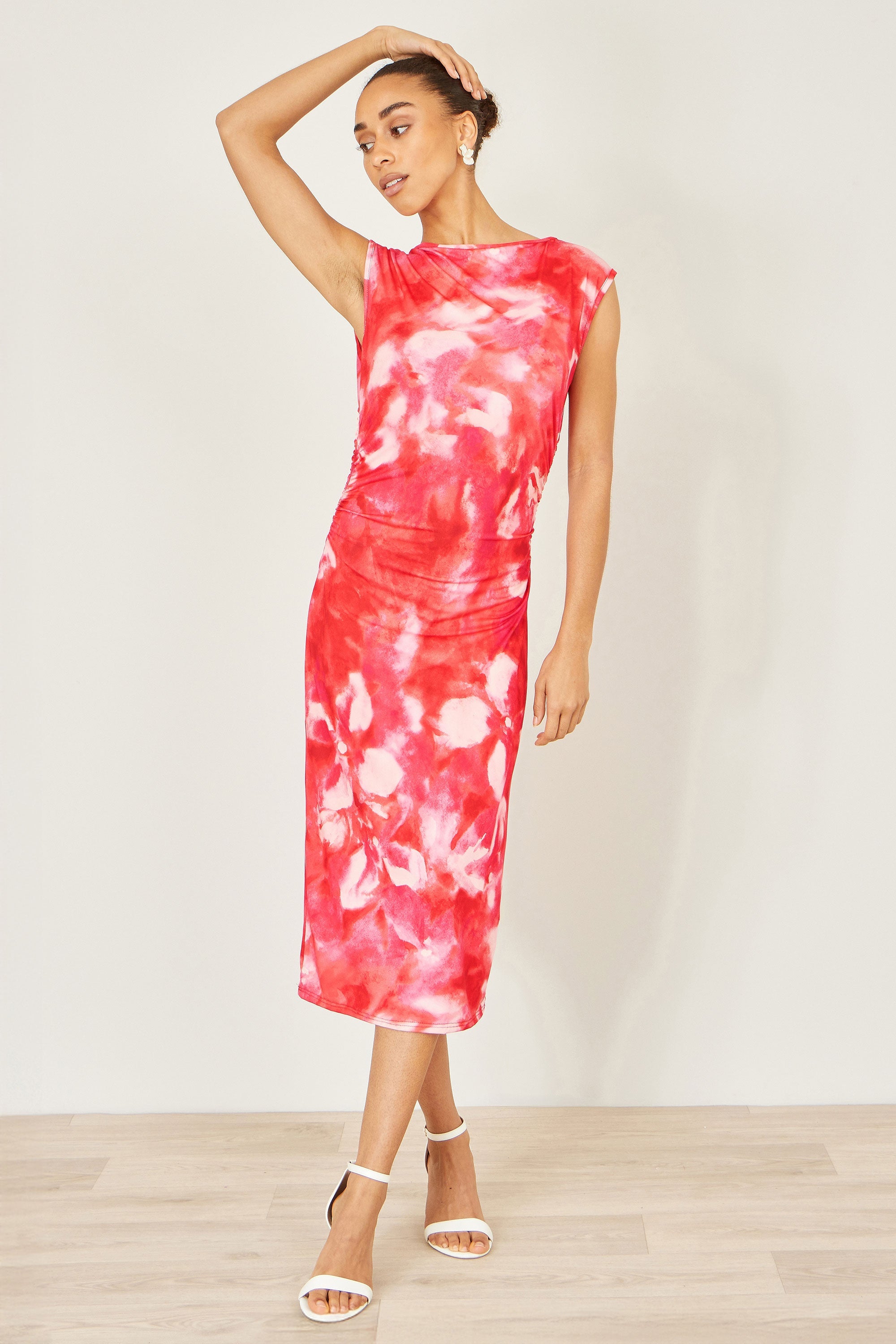 Yumi Red  Mesh Ruched Bodycon Midi Dress