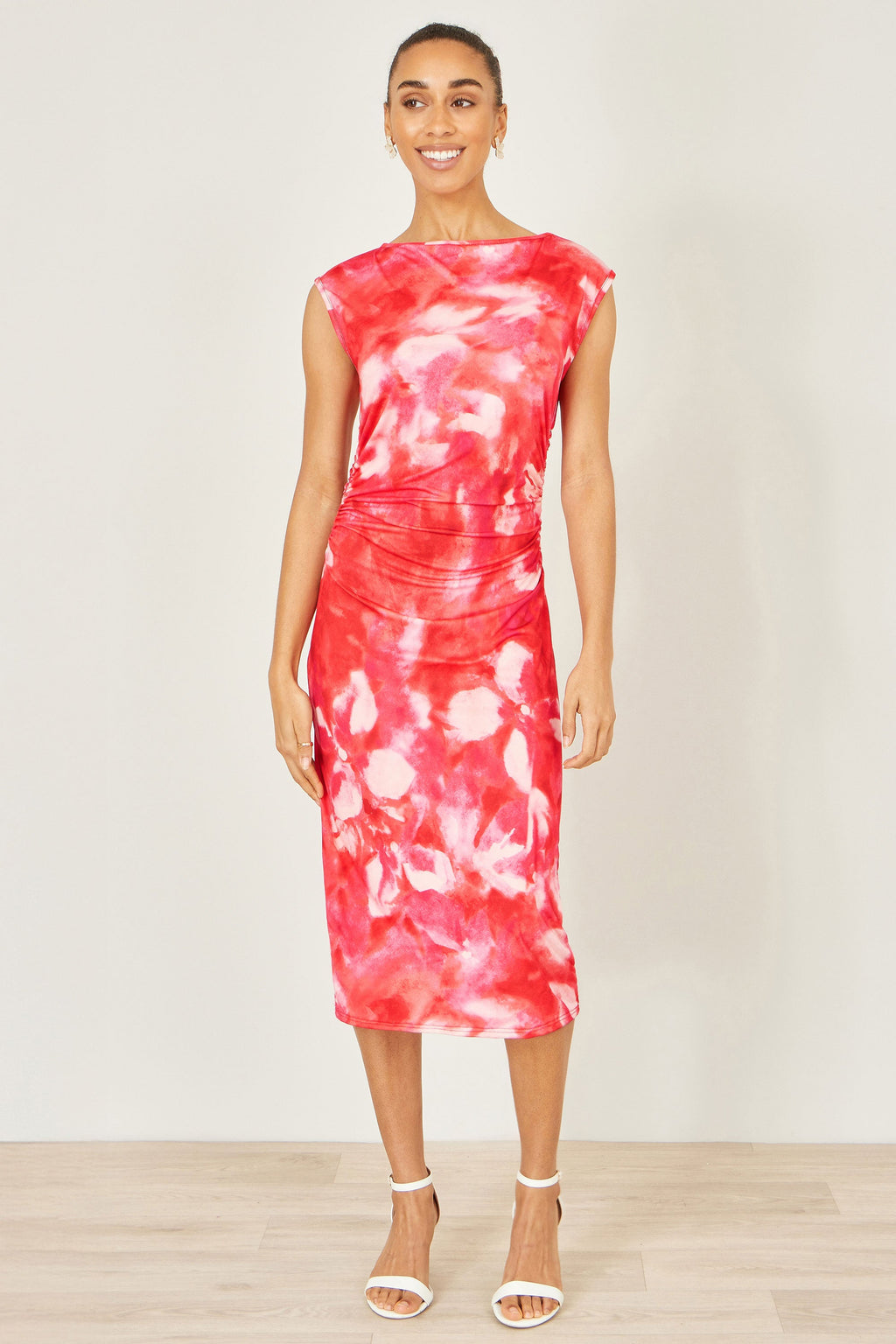 Yumi Red  Mesh Ruched Bodycon Midi Dress