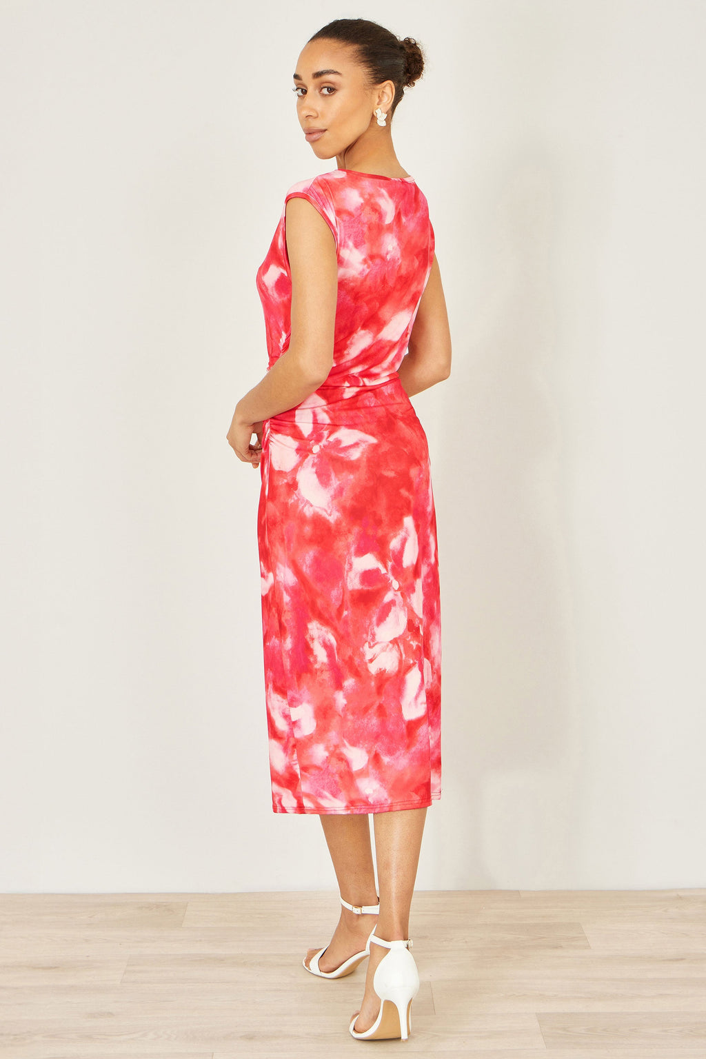 Yumi Red  Mesh Ruched Bodycon Midi Dress