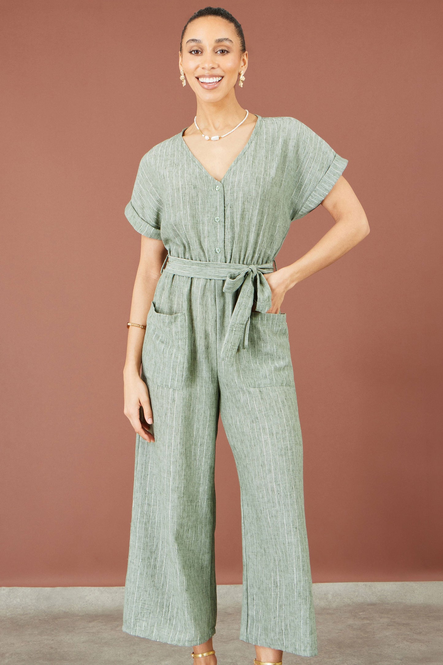 Yumi Women's Khaki Green Pinstripe Wide-Leg Jumpsuit Sizes 6–18