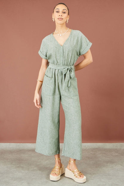 Yumi Women's Khaki Green Pinstripe Wide-Leg Jumpsuit Sizes 6–18 - additional view 5