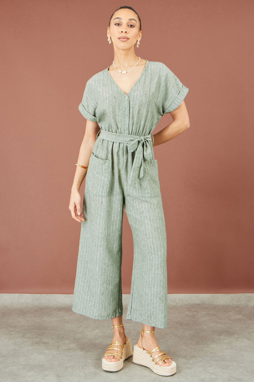 Yumi Women's Khaki Green Pinstripe Wide-Leg Jumpsuit Sizes 6–18 - additional view 5