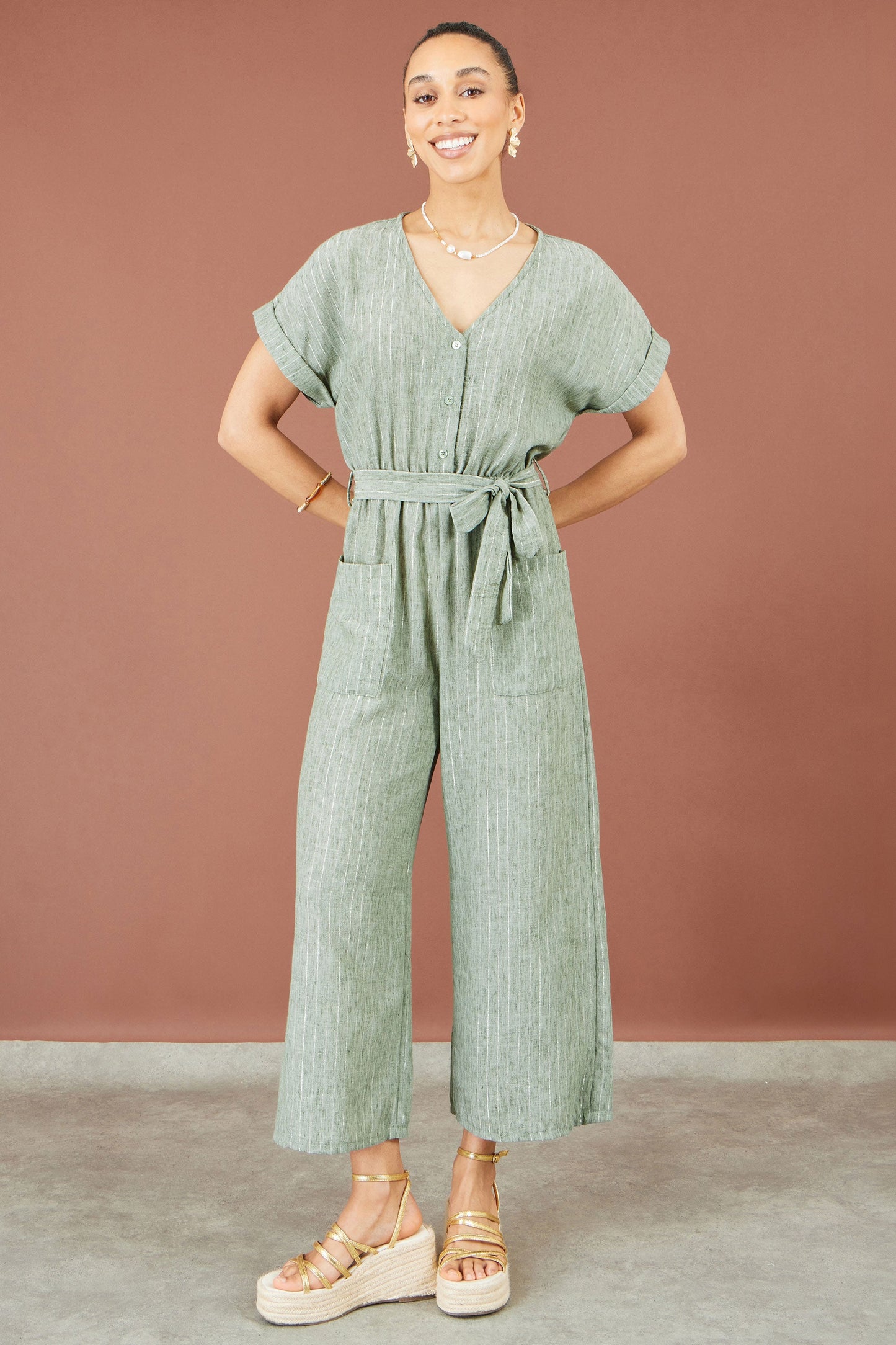 Yumi Women's Khaki Green Pinstripe Wide-Leg Jumpsuit Sizes 6–18 - additional view 6