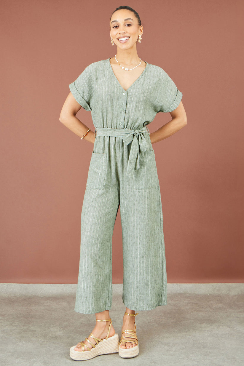 Yumi Women's Khaki Green Pinstripe Wide-Leg Jumpsuit Sizes 6–18 - additional view 6