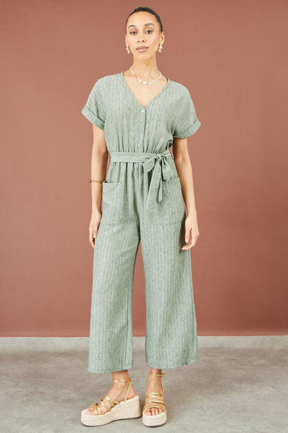 Yumi Women's Khaki Green Pinstripe Wide-Leg Jumpsuit Sizes 6–18 - additional view 3