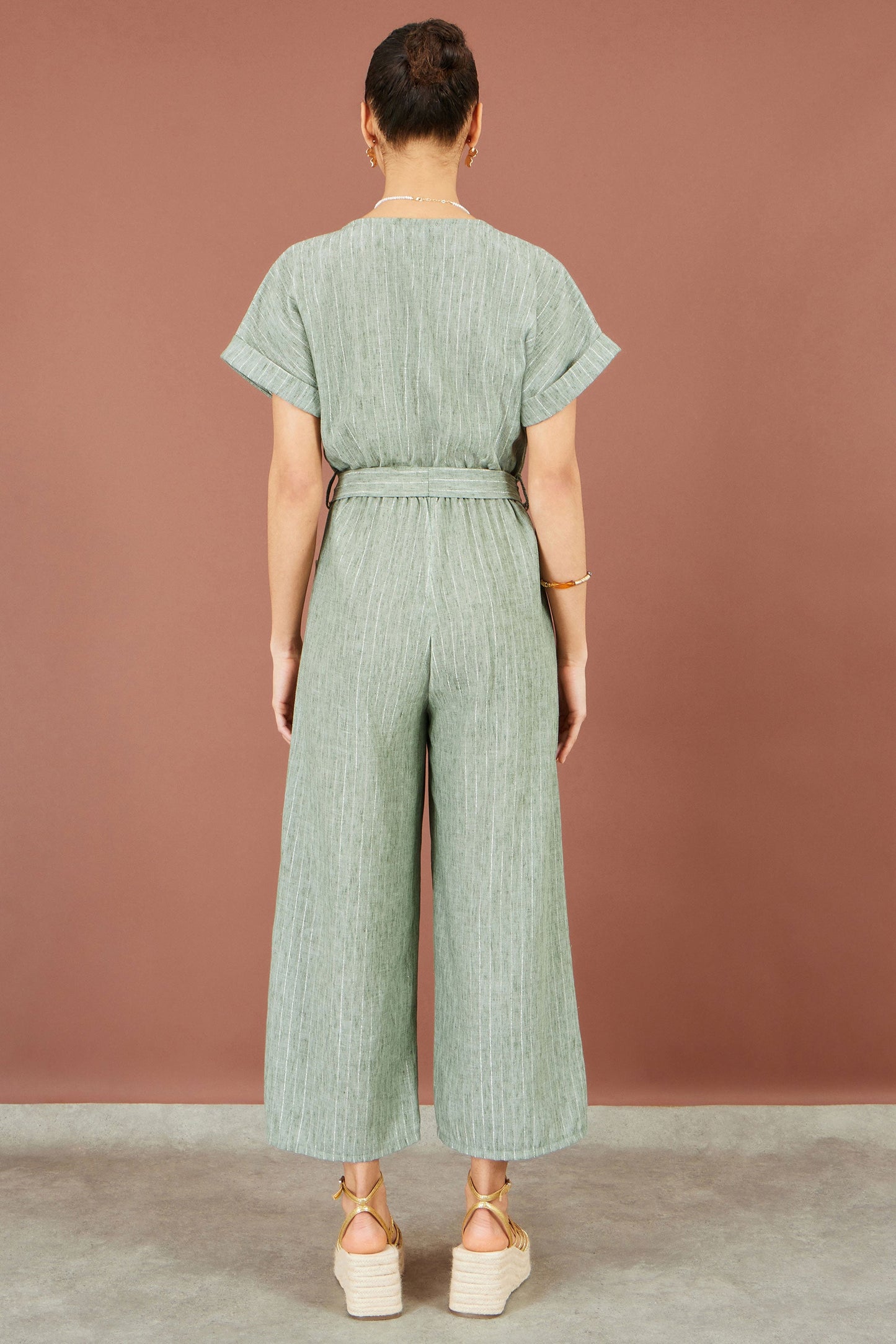 Yumi Women's Khaki Green Pinstripe Wide-Leg Jumpsuit Sizes 6–18 - additional view 4