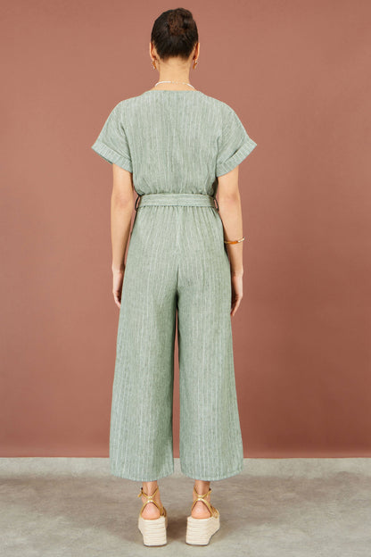 Yumi Women's Khaki Green Pinstripe Wide-Leg Jumpsuit Sizes 6–18 - additional view 4