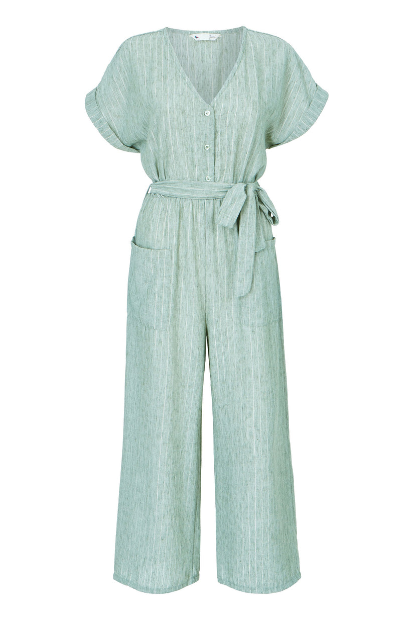 Yumi Women's Khaki Green Pinstripe Wide-Leg Jumpsuit Sizes 6–18 - additional view 7