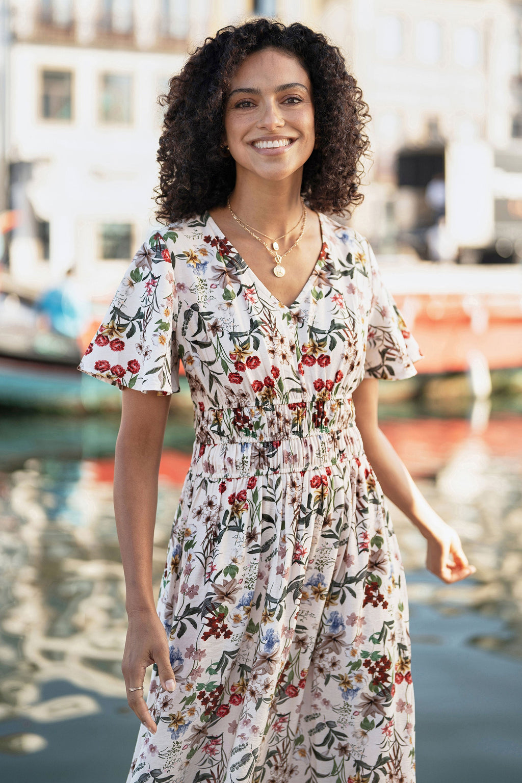 Yumi Ivory Botanical Print Viscose Midi Dress - QHA UK