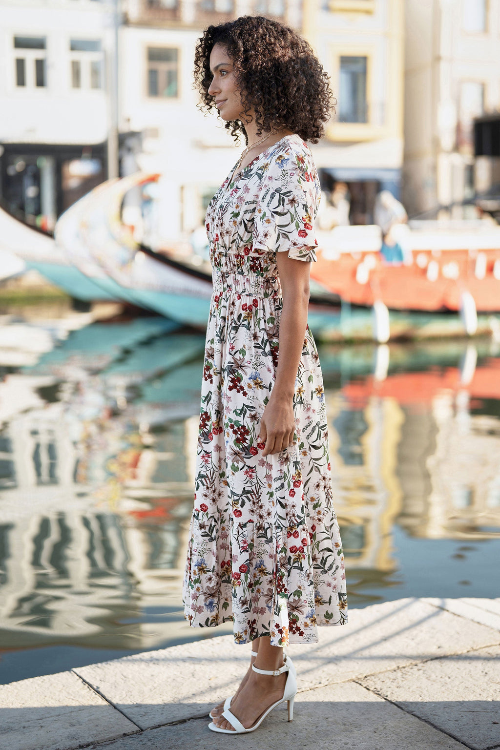 Yumi Ivory Botanical Print Viscose Midi Dress - QHA UK