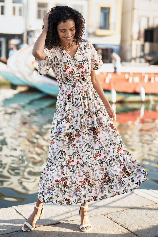 Yumi Ivory Botanical Print Viscose Midi Dress - QHA UK