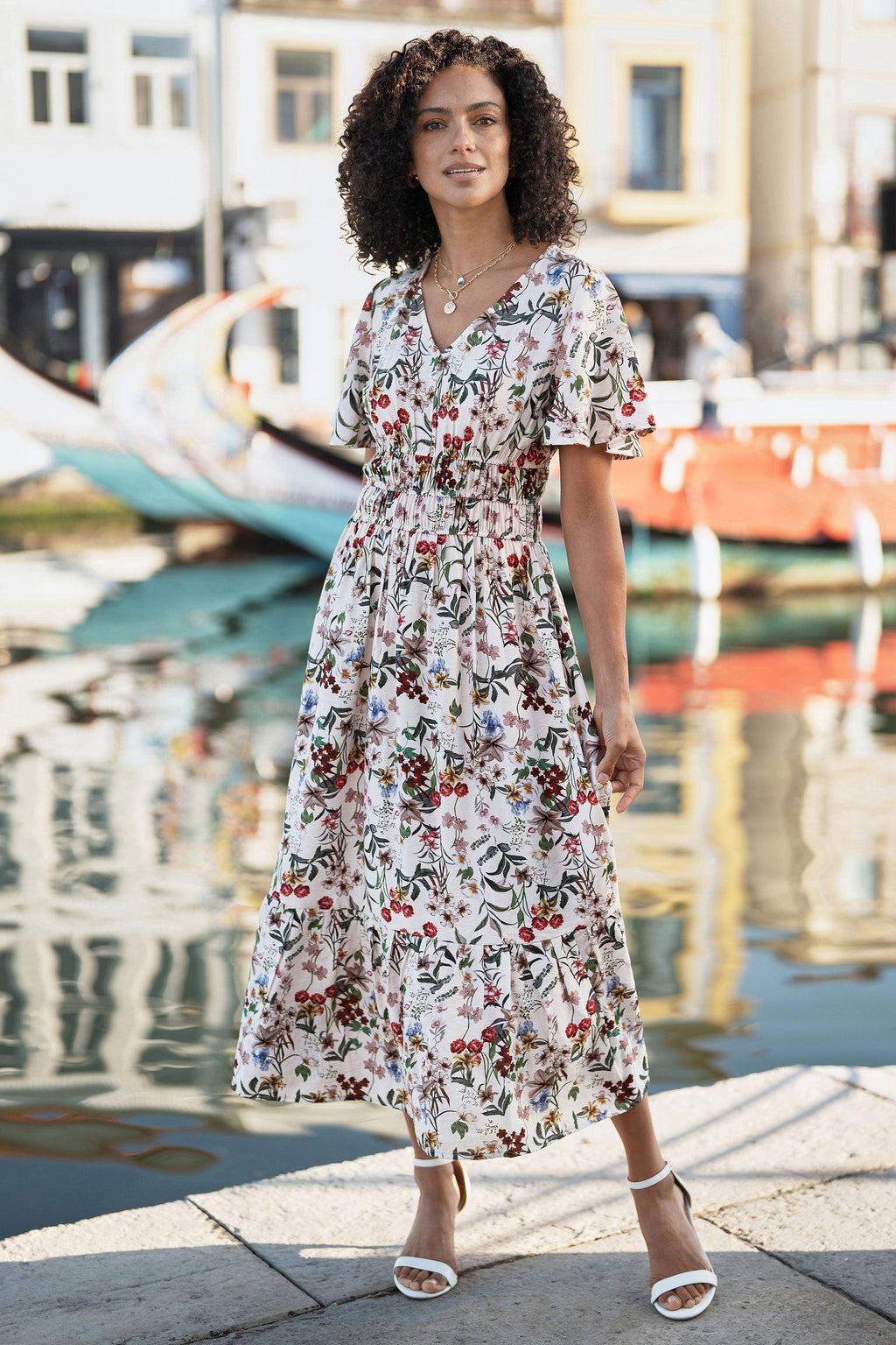 Yumi Ivory Botanical Print Viscose Midi Dress - QHA UK