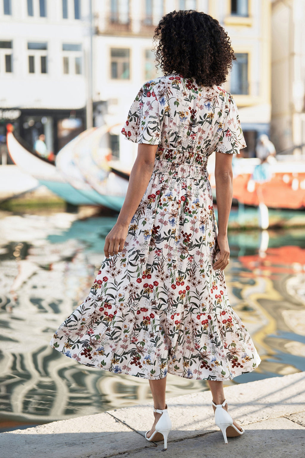 Yumi Ivory Botanical Print Viscose Midi Dress - QHA UK