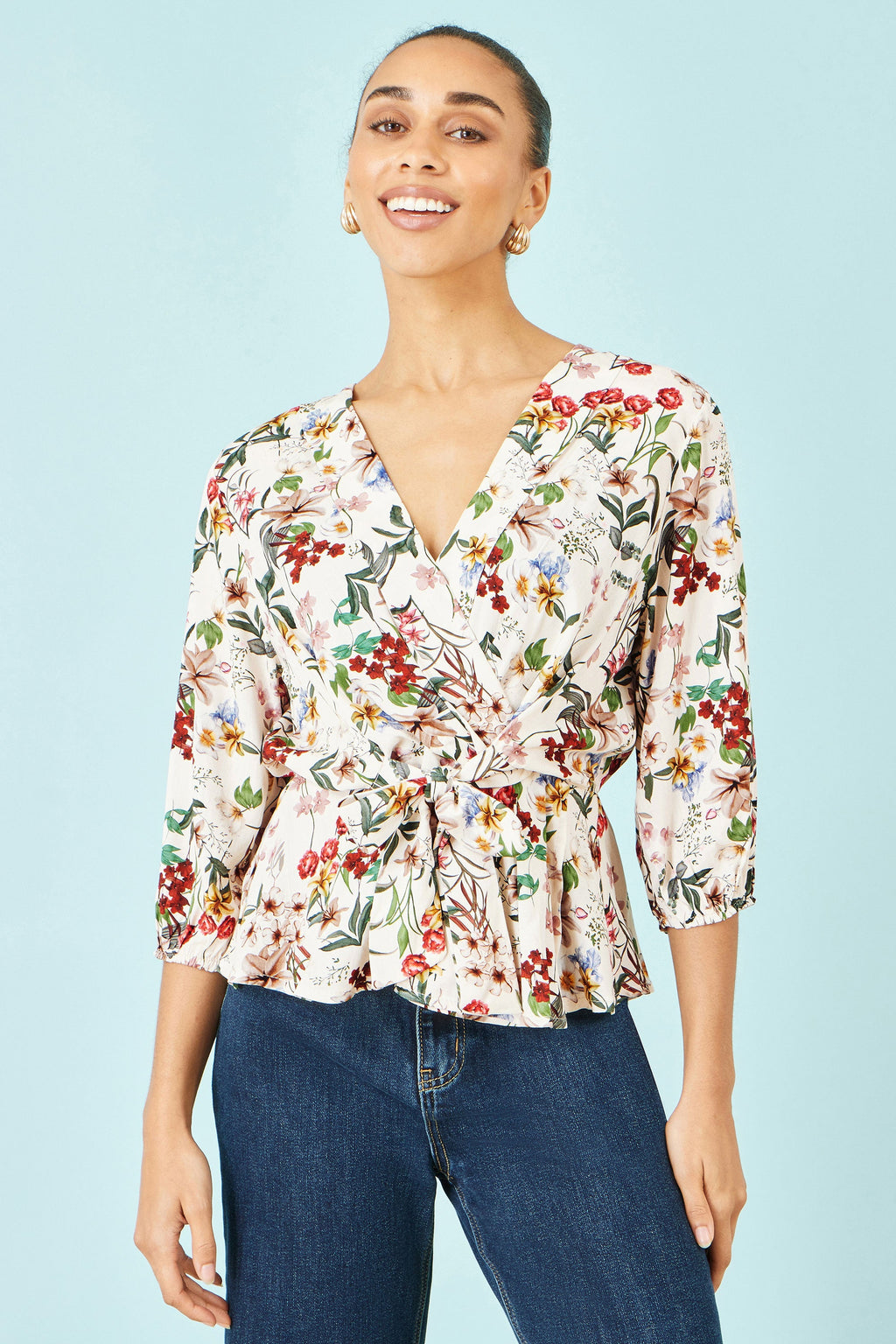 Yumi Ivory Viscose Botanical Print Wrap Top - QHA UK