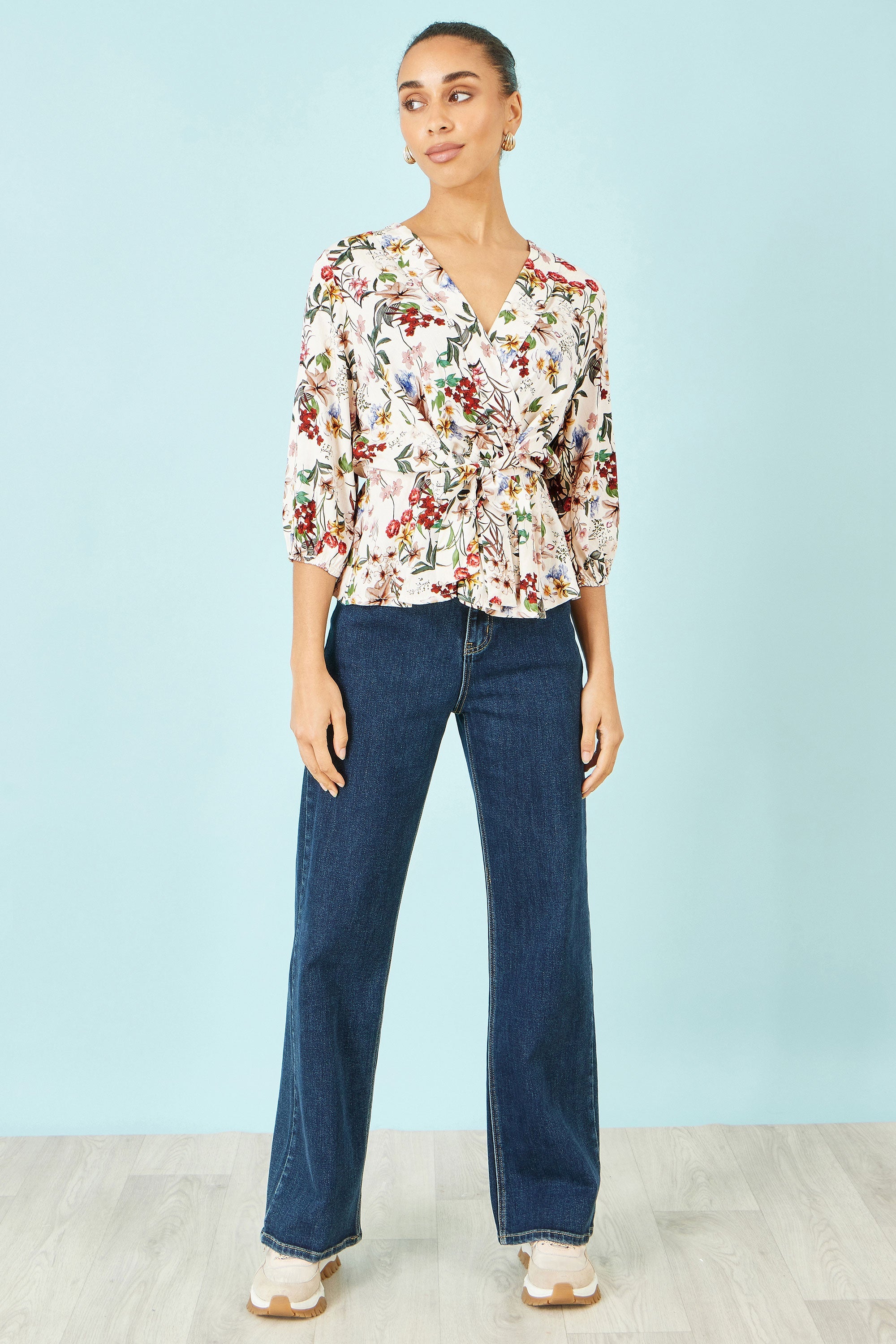 Yumi Ivory Viscose Botanical Print Wrap Top - QHA UK