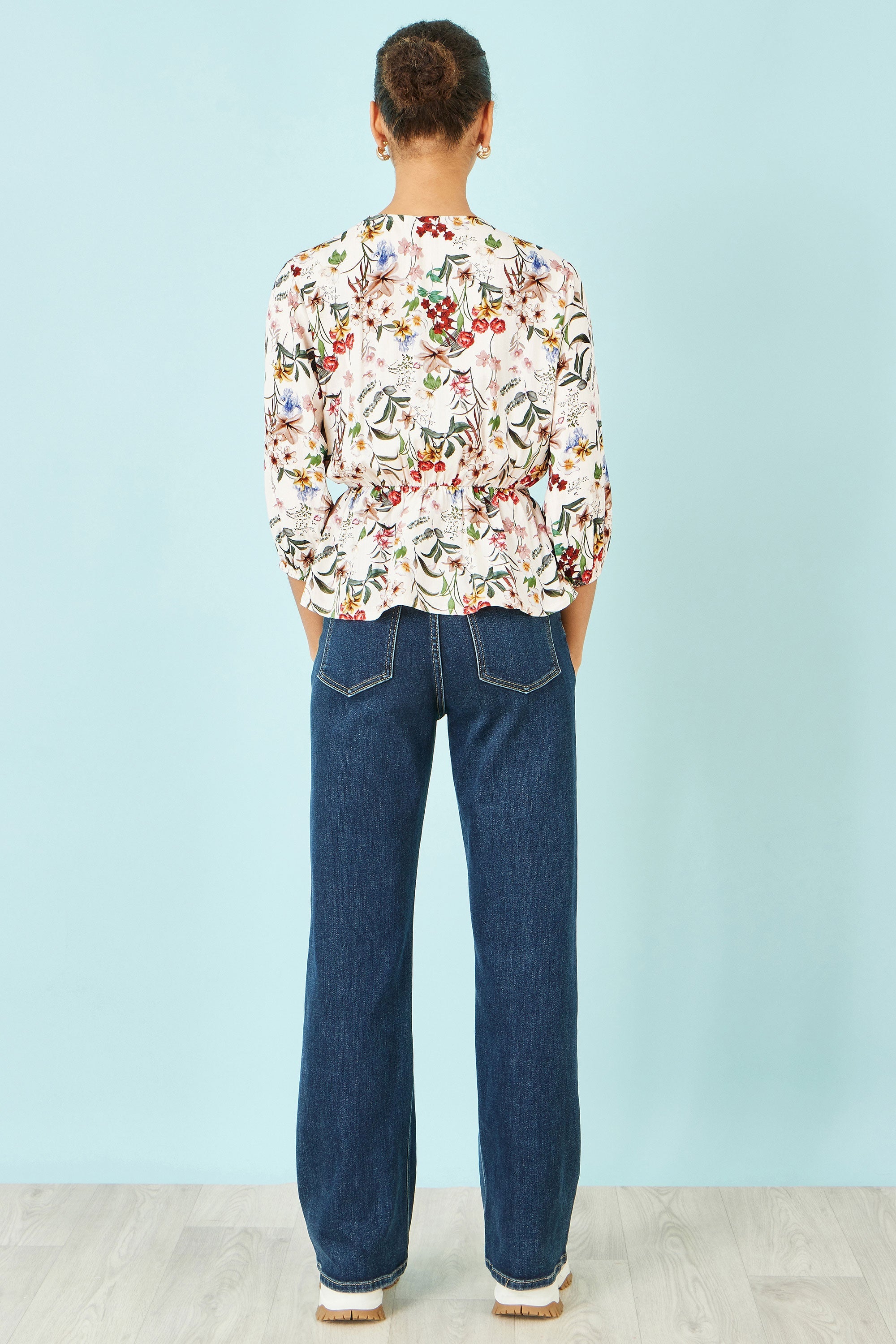 Yumi Ivory Viscose Botanical Print Wrap Top - QHA UK