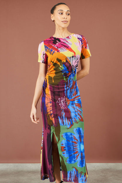 Yumi Women's Multicolour Abstract Floral Stretch Mesh Midi Dress Sizes 8–18