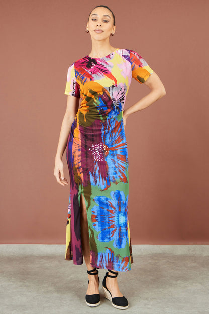 Yumi Women's Multicolour Abstract Floral Stretch Mesh Midi Dress Sizes 8–18
