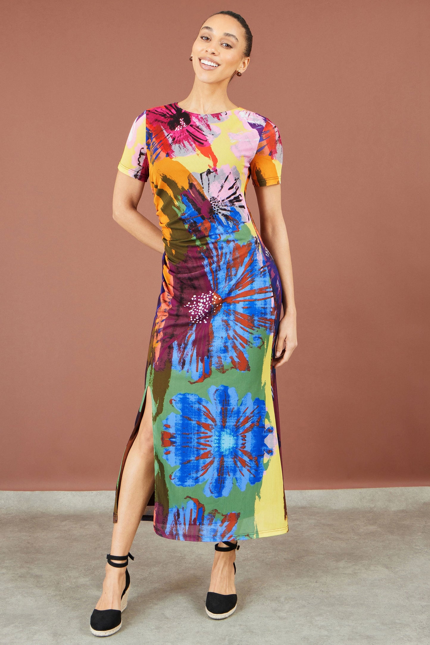 Yumi Women's Multicolour Abstract Floral Stretch Mesh Midi Dress Sizes 8–18