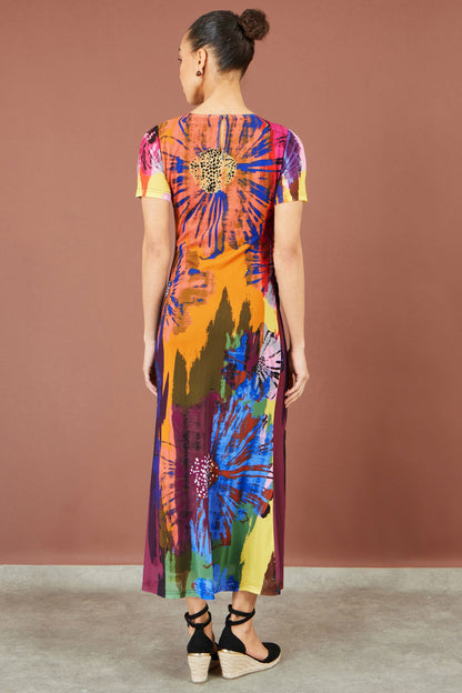 Yumi Women's Multicolour Abstract Floral Stretch Mesh Midi Dress Sizes 8–18