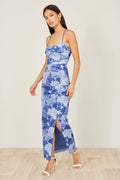 Yumi Blue Mesh Ruched Midi Dress With Split - QHA UK