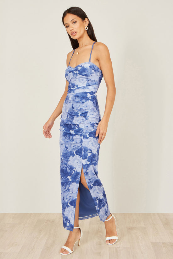 Yumi Blue Mesh Ruched Midi Dress With Split - QHA UK