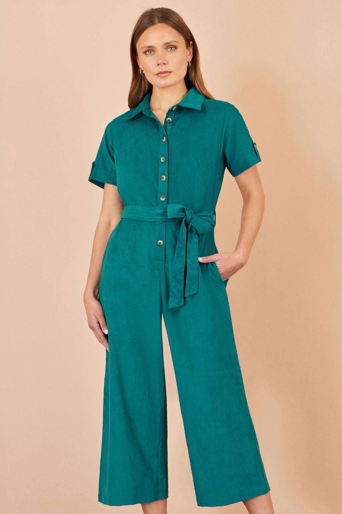 Yumi Women's Teal Cotton Corduroy Wide Leg Jumpsuit with Tie Waist Belt