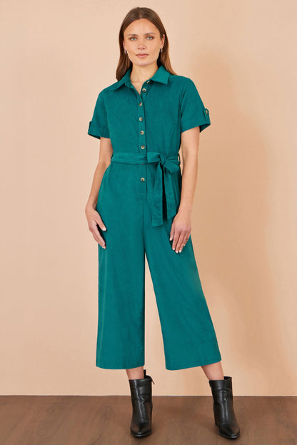 Yumi Women's Teal Cotton Corduroy Wide Leg Jumpsuit with Tie Waist Belt