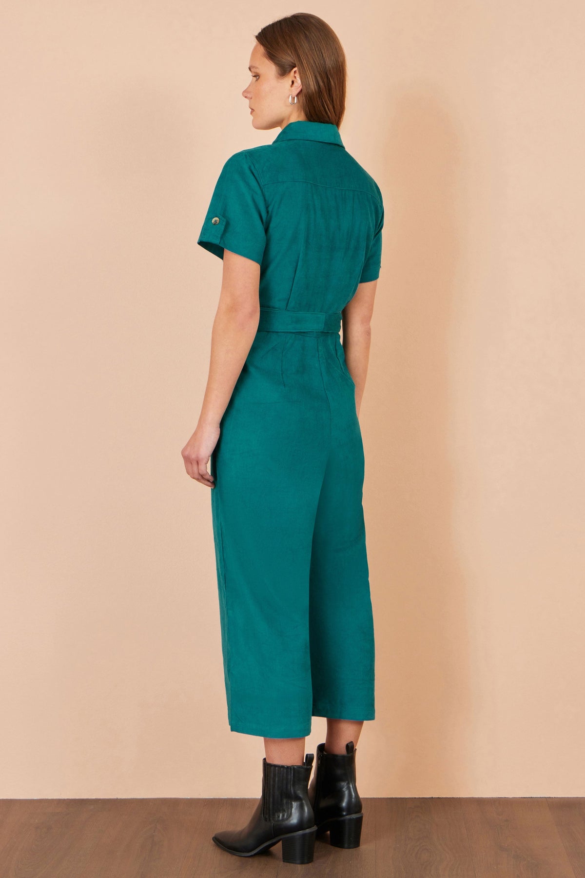 Yumi Women's Teal Cotton Corduroy Wide Leg Jumpsuit with Tie Waist Belt