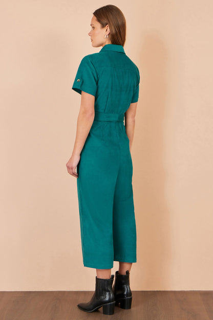 Yumi Women's Teal Cotton Corduroy Wide Leg Jumpsuit with Tie Waist Belt