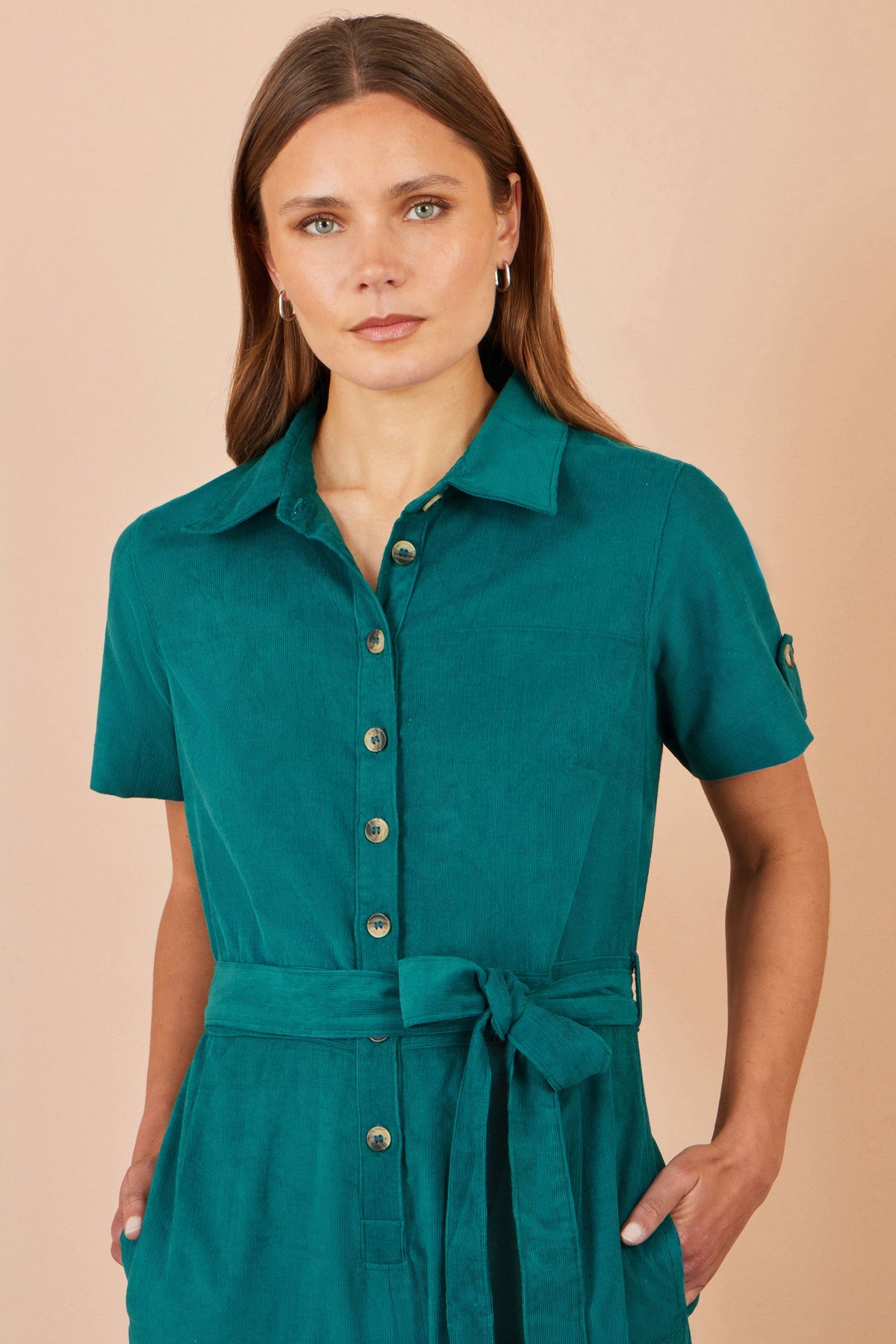 Yumi Women's Teal Cotton Corduroy Wide Leg Jumpsuit with Tie Waist Belt