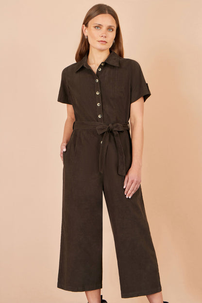 Yumi Women's Brown Cotton Corduroy Wide Leg Jumpsuit with Tie Waist Belt