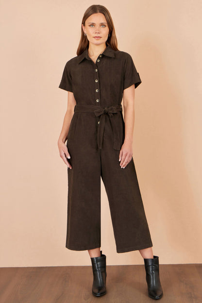 Yumi Women's Brown Cotton Corduroy Wide Leg Jumpsuit with Tie Waist Belt
